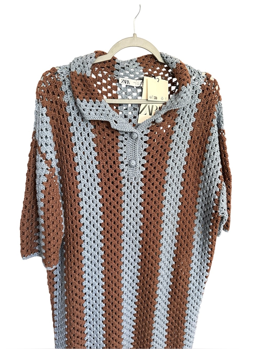 Zara Crochet Midi Dress in Brown and Gray Stripes